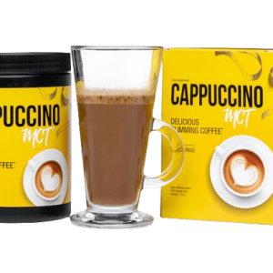 Cappuccino MCT naast een glas koffie en verpakking